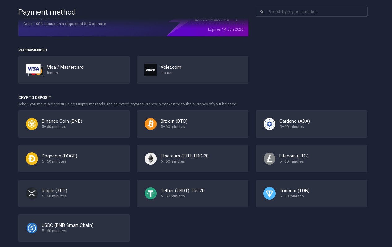 Exnova payment methods screenshot for UAE deposits
