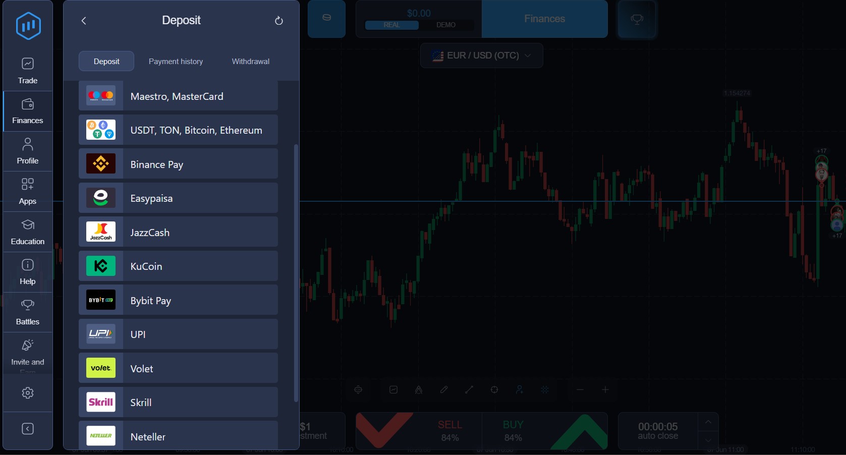 Expert Option deposit screen screenshot for UAE broker review